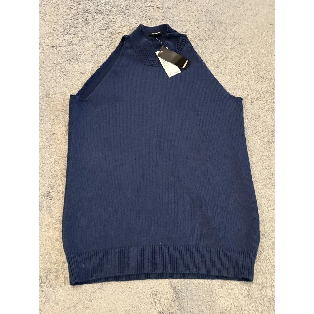 NWT Premise Sweater Womens Large Navy Blue Sleeveless Mock Neck Pullover Casual
